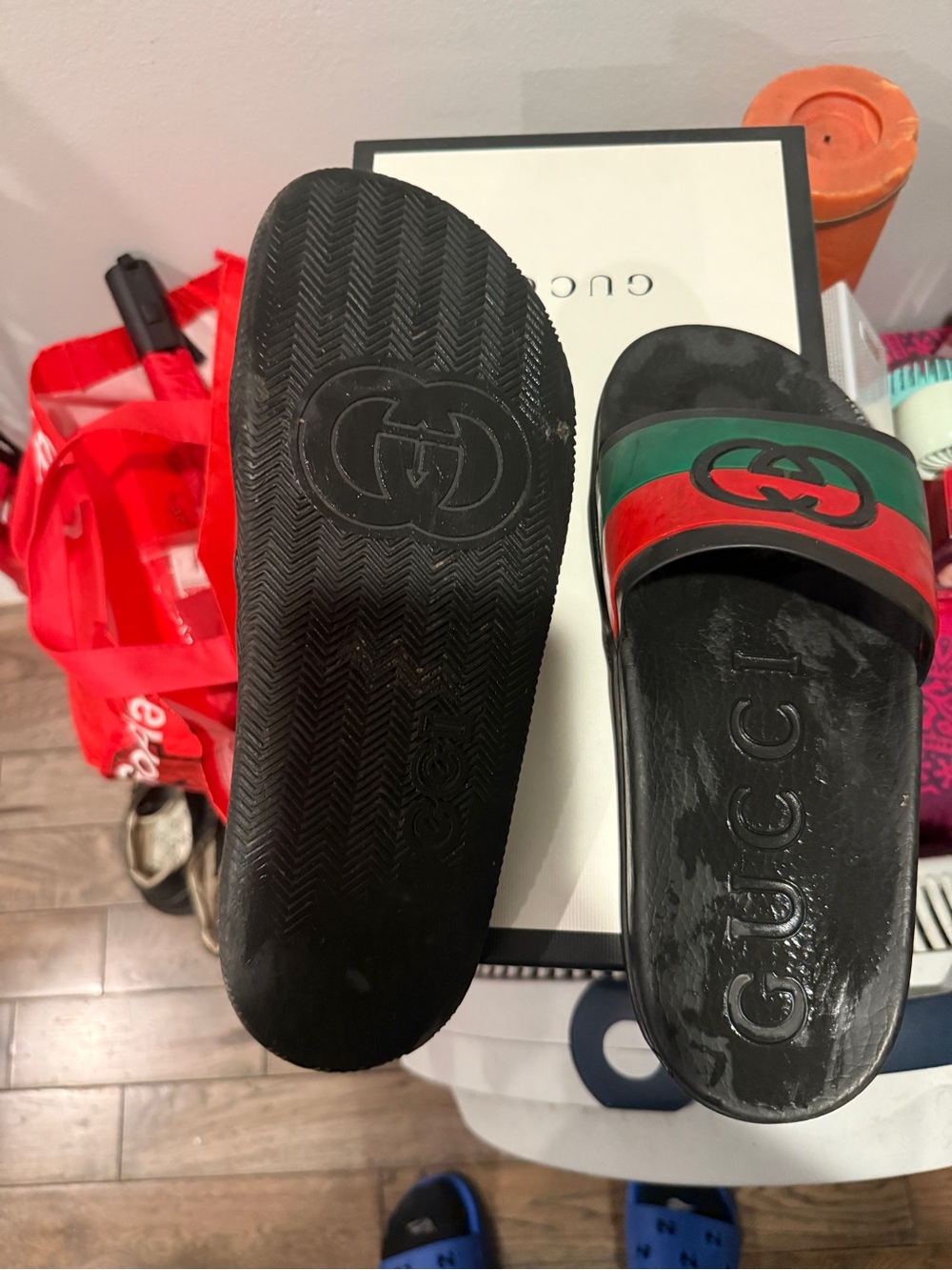 Gucci Black Slides with Red and Green Stripes - Picture 2 of 5